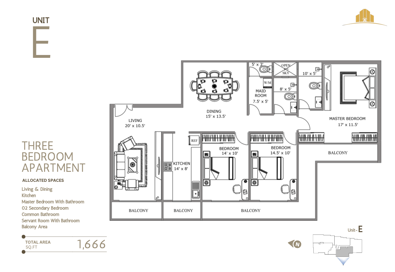 Unit E - 3 Bedroom Floor Plan