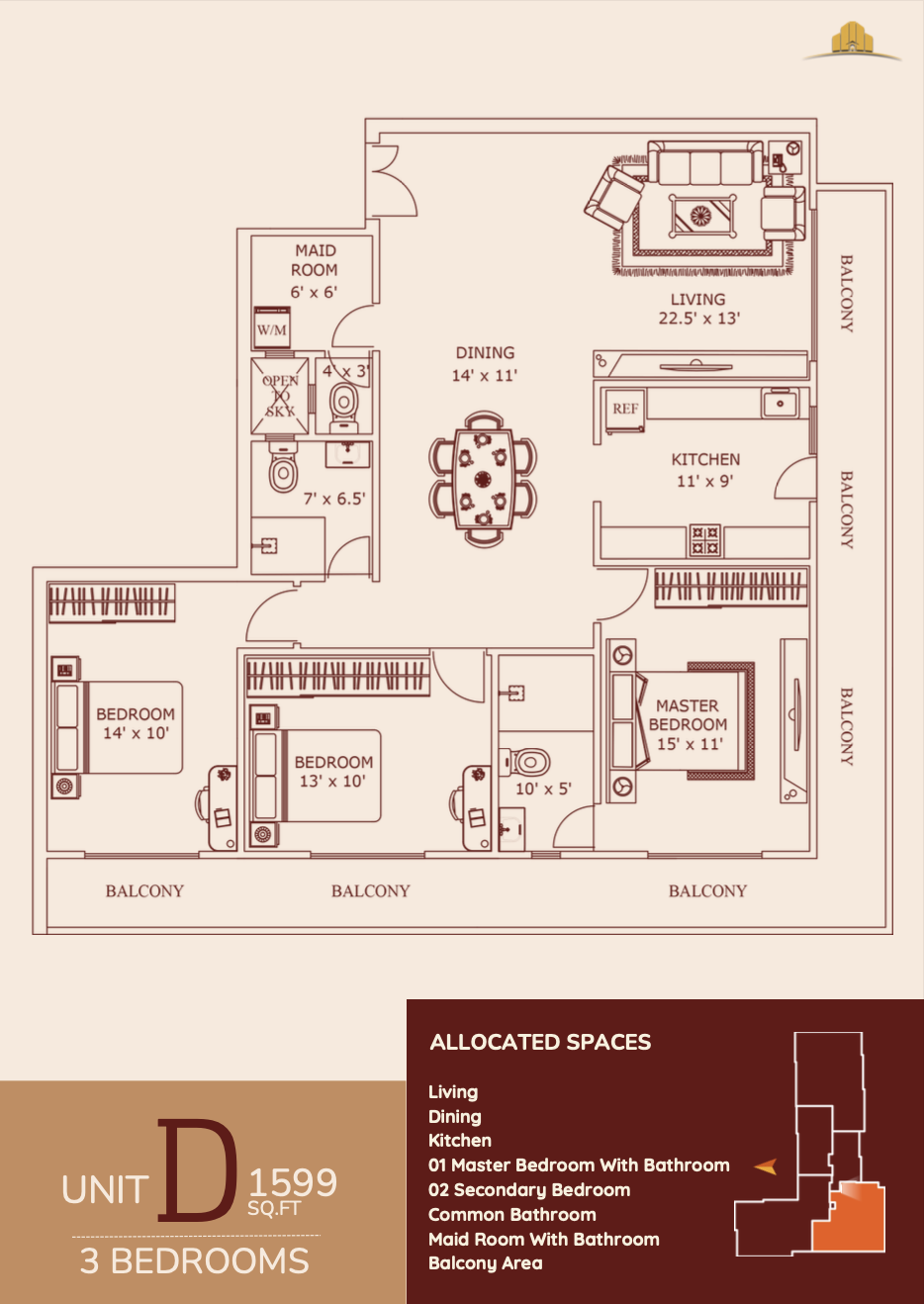 Unit 1599 - 3 Bedroom Floor Plan