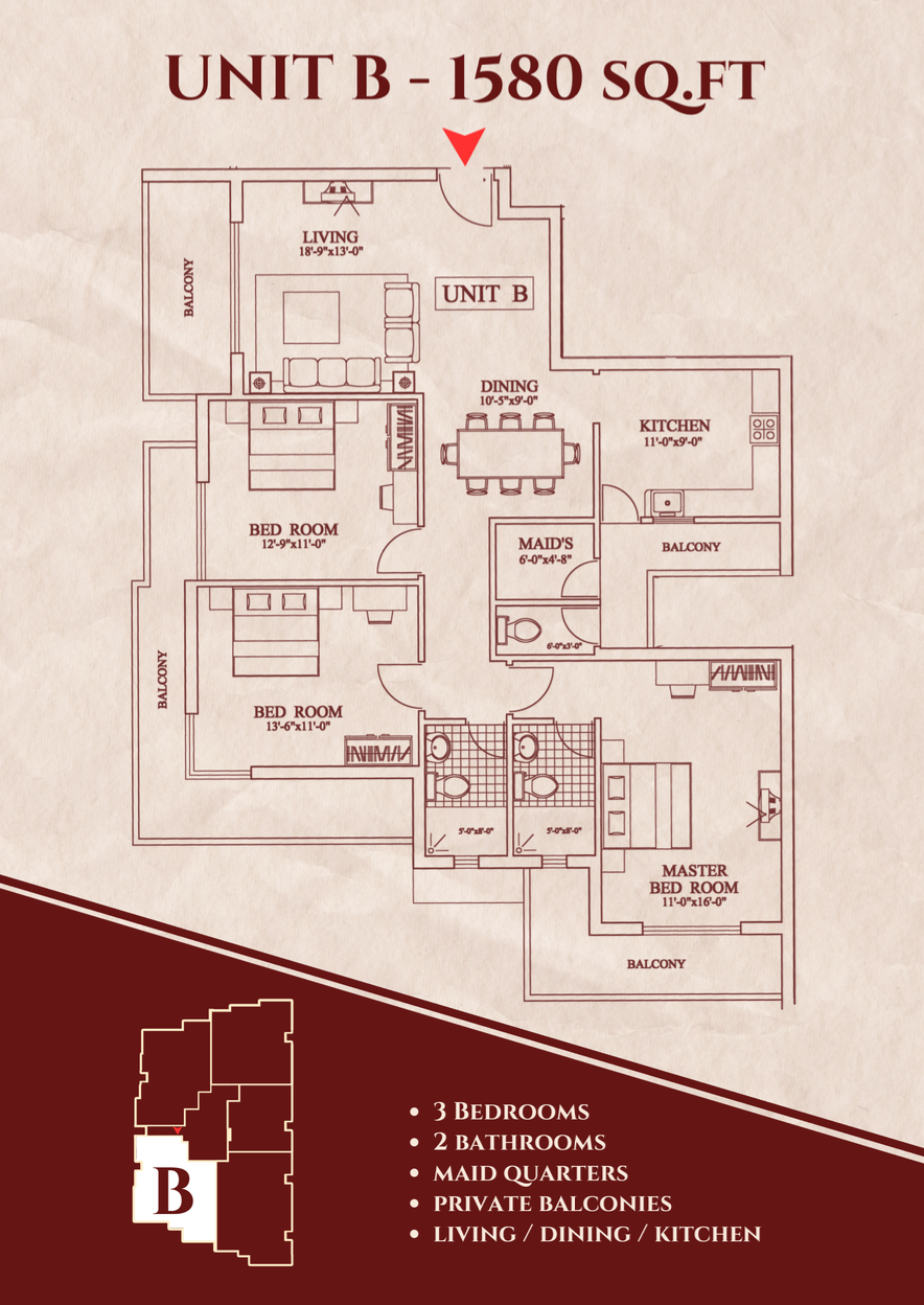 Unit B - 3 Bedroom Floor Plan