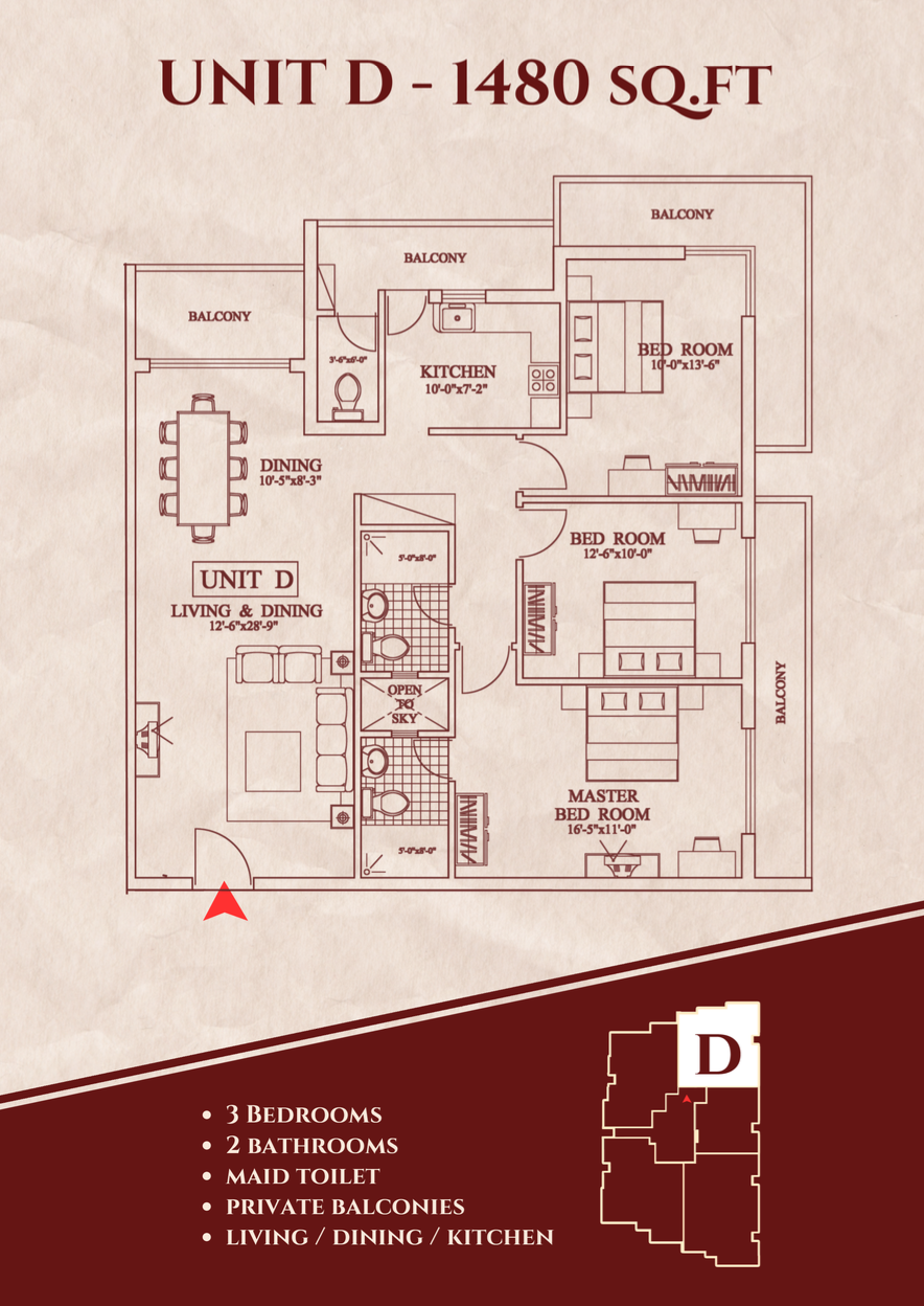 Unit D - 3 Bedroom Floor Plan